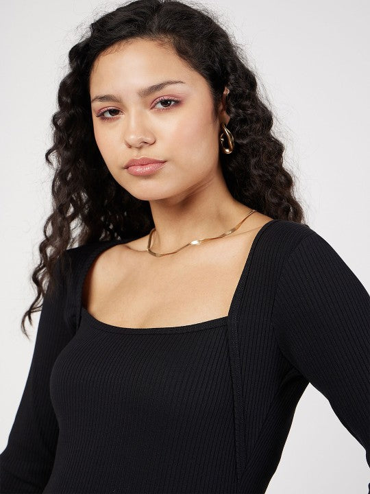 Black Ribbed Square Neck Fitted Top