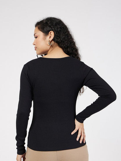 Black Ribbed Square Neck Fitted Top