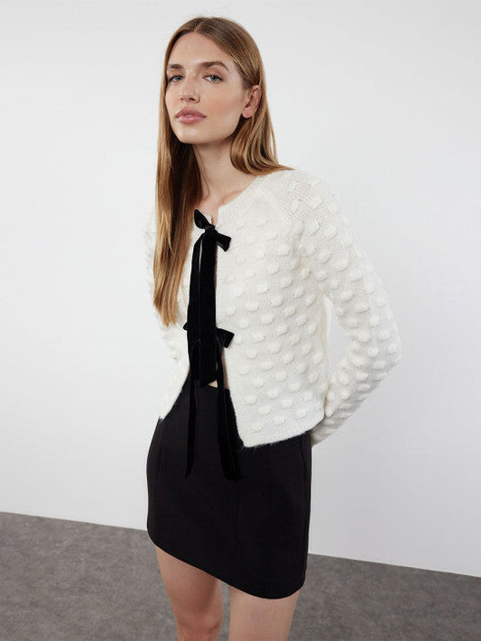 Byrd Black Bow White Short Cardigan