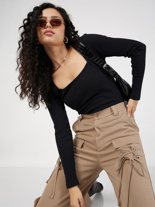 Black Ribbed Square Neck Fitted Top