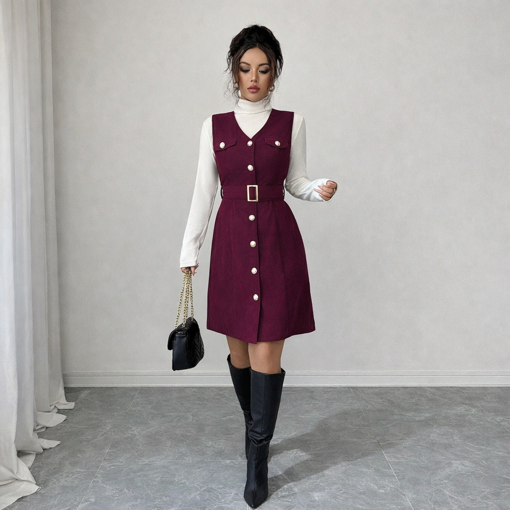 Burgundy Button-Front Belted Pinafore Dress with High-Neck Top