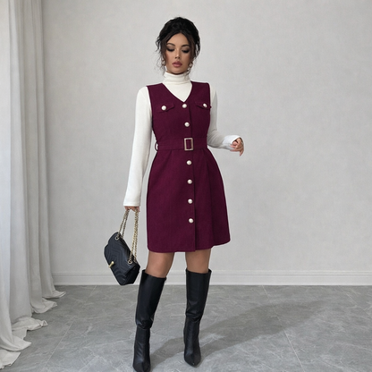 Burgundy Button-Front Belted Pinafore Dress with High-Neck Top