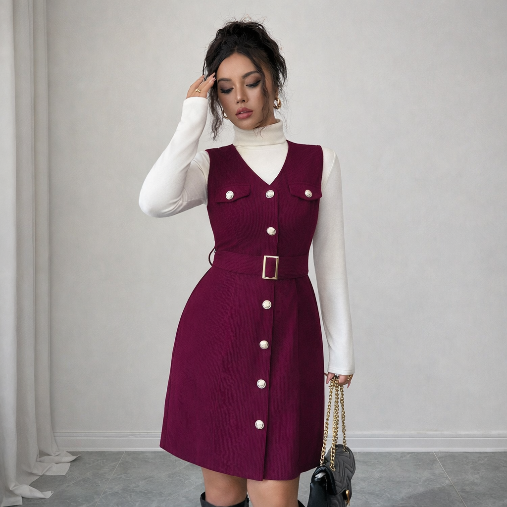 Burgundy Button-Front Belted Pinafore Dress with High-Neck Top