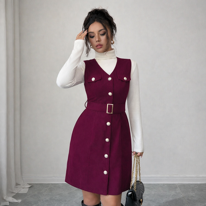 Burgundy Button-Front Belted Pinafore Dress with High-Neck Top