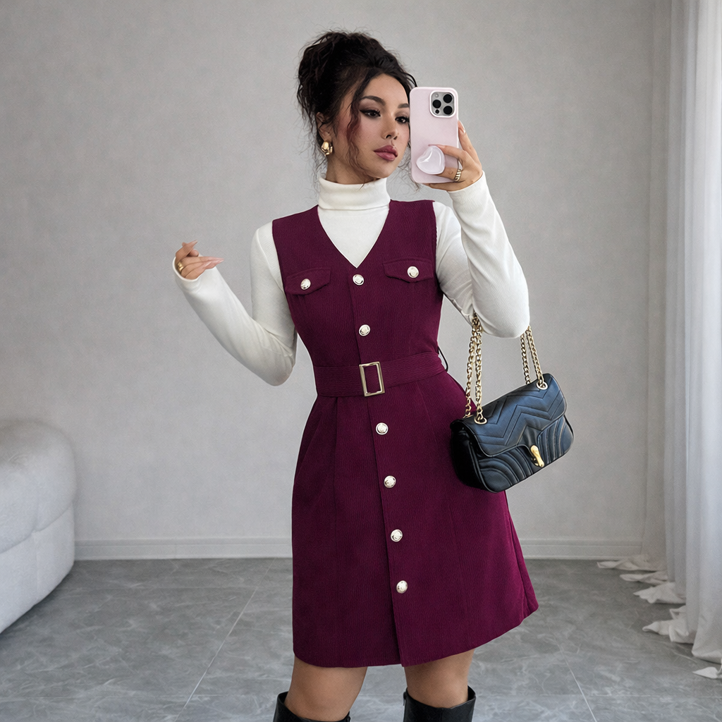 Burgundy Button-Front Belted Pinafore Dress with High-Neck Top