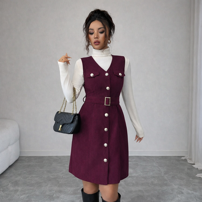 Burgundy Button-Front Belted Pinafore Dress with High-Neck Top