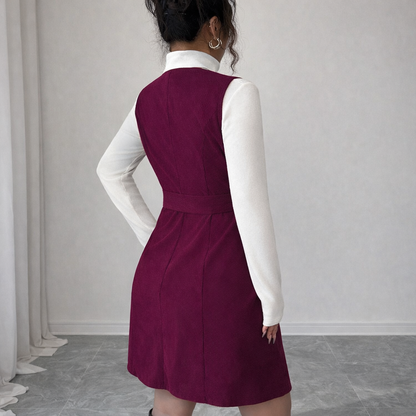 Burgundy Button-Front Belted Pinafore Dress with High-Neck Top