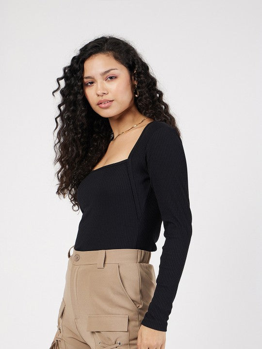 Black Ribbed Square Neck Fitted Top