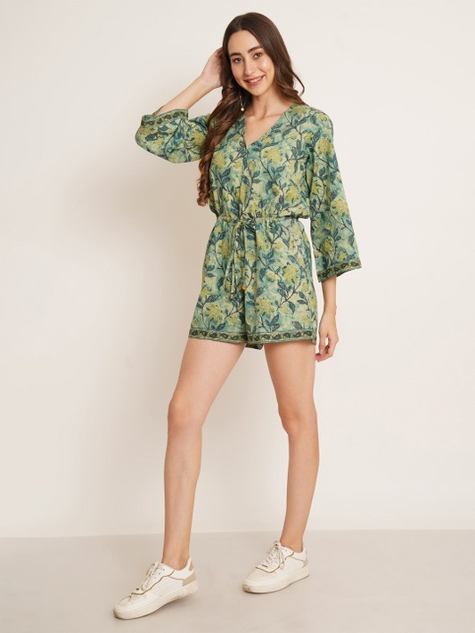 V-Neck Green Printed Jumpsuit