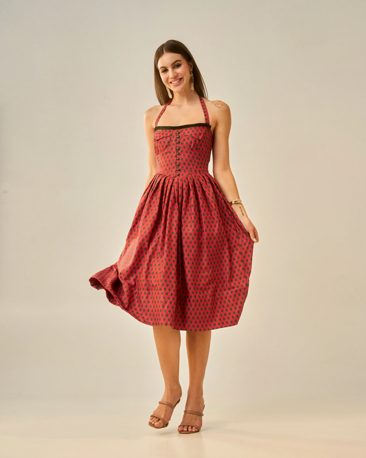 Moon Tie-Around Neck Strap Dress In Red