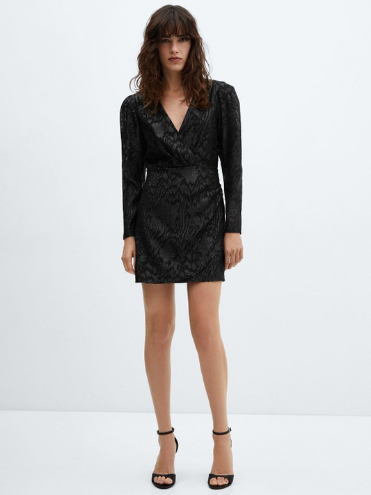 Jacquard V-Neck Black Dress