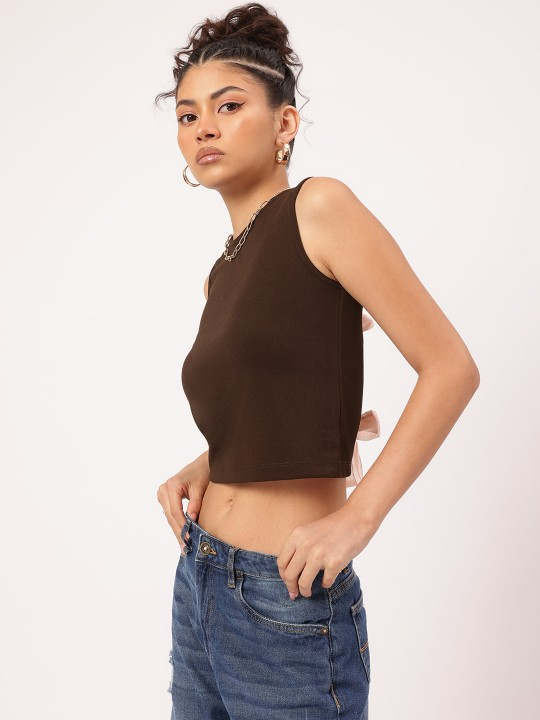 Back Bow Tie Brown Crop Top