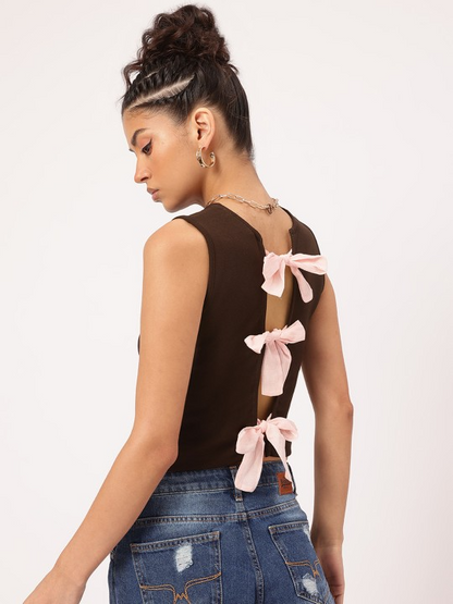 Back Bow Tie Brown Crop Top