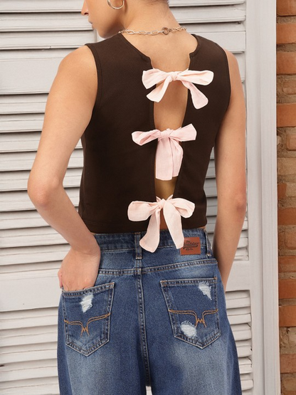 Back Bow Tie Brown Crop Top