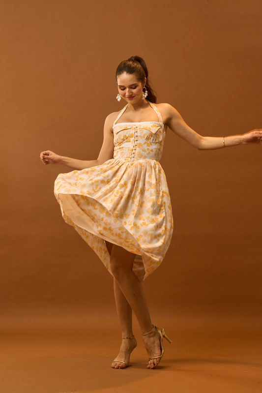 Moon Tie-Around Neck Strap Dress  In Yellow